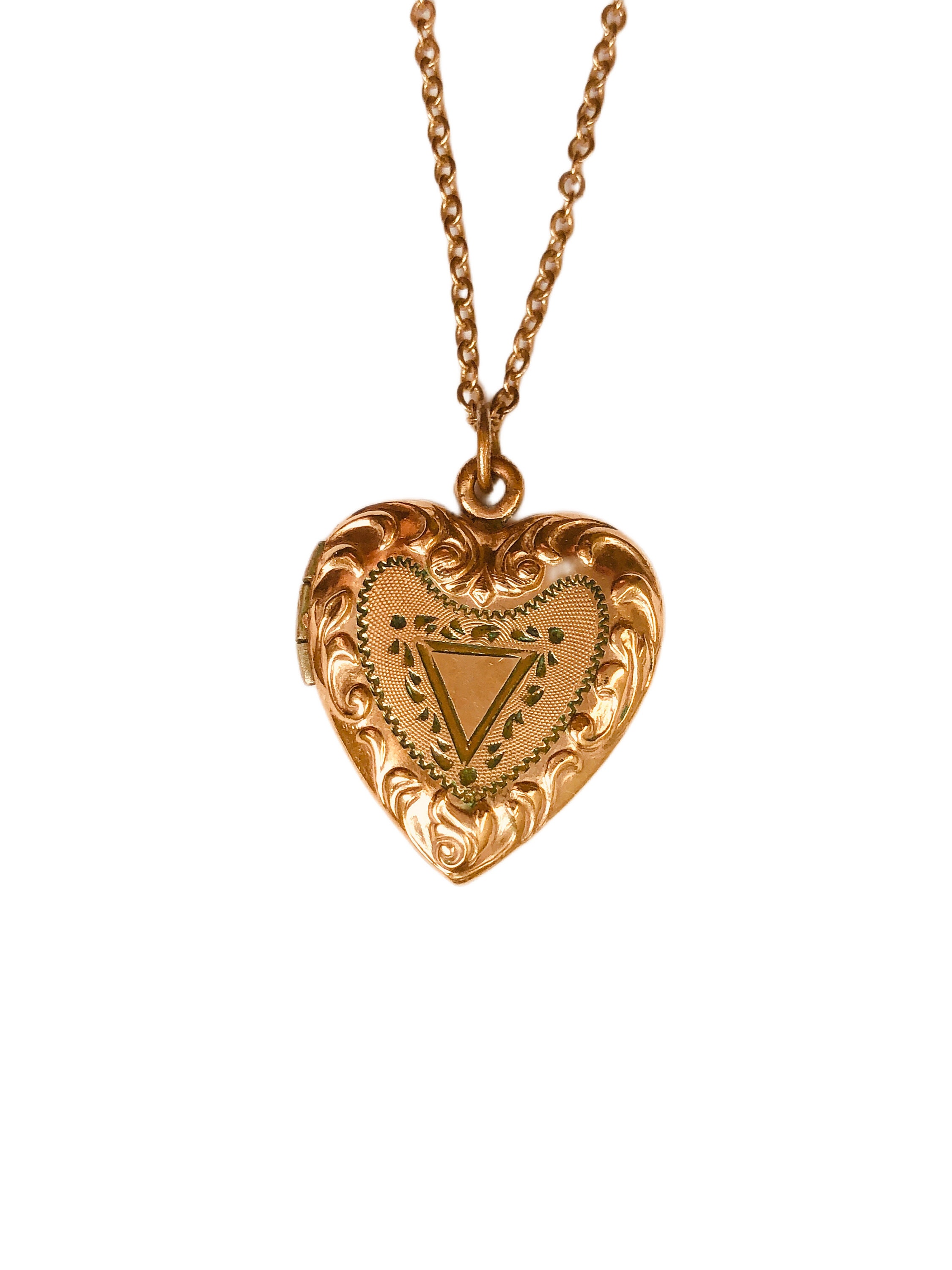 Antique 12K Gold Filled Heart Locket Etched Fleur De Lis Design 