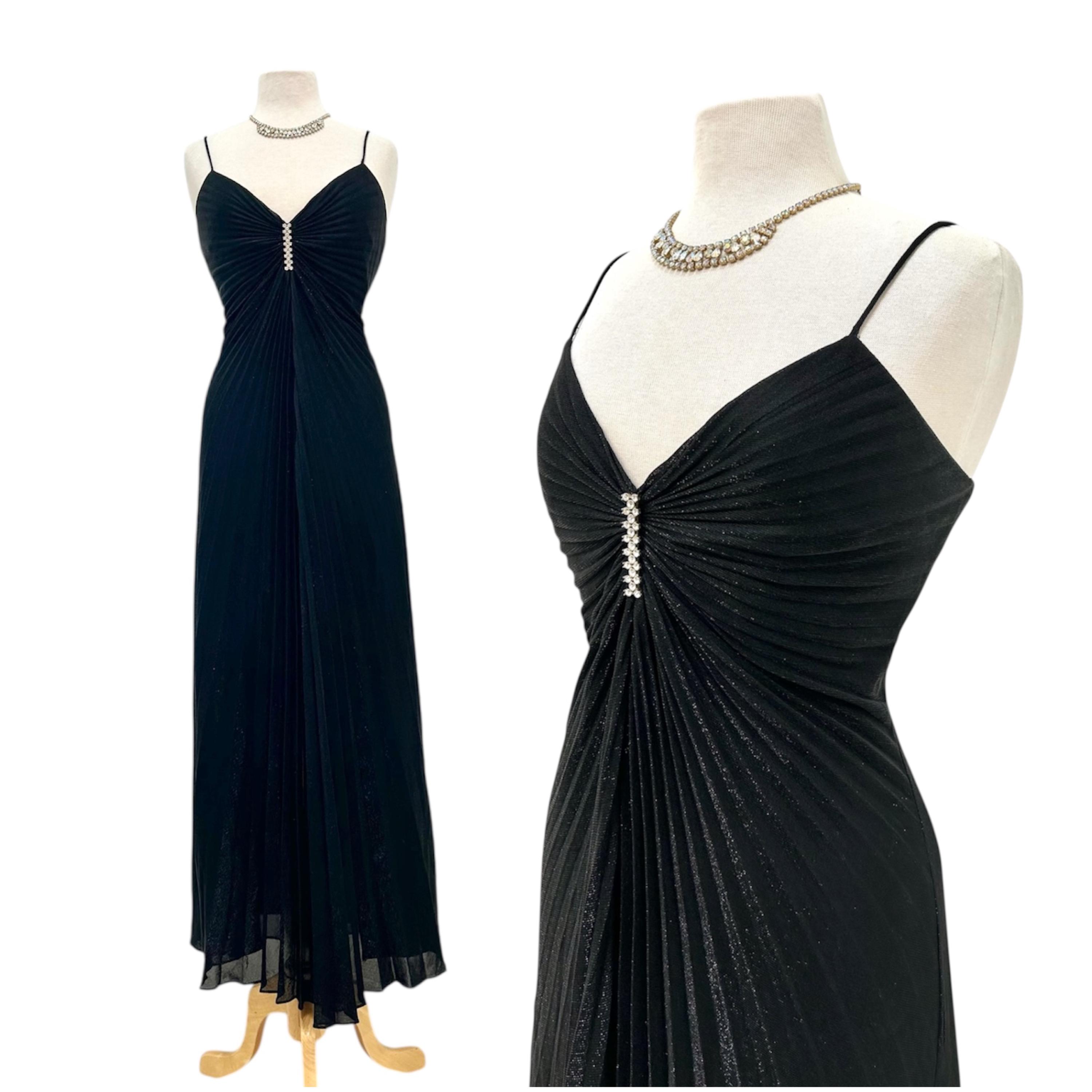 1980s Travilla Black Metallic Accordion Pleats Spaghetti Strap
