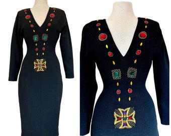 90s Black Knit Sweater Dress Beaded Bodycon Bejeweled Front Cross Colorful Glam Cocktail Evening, Medium