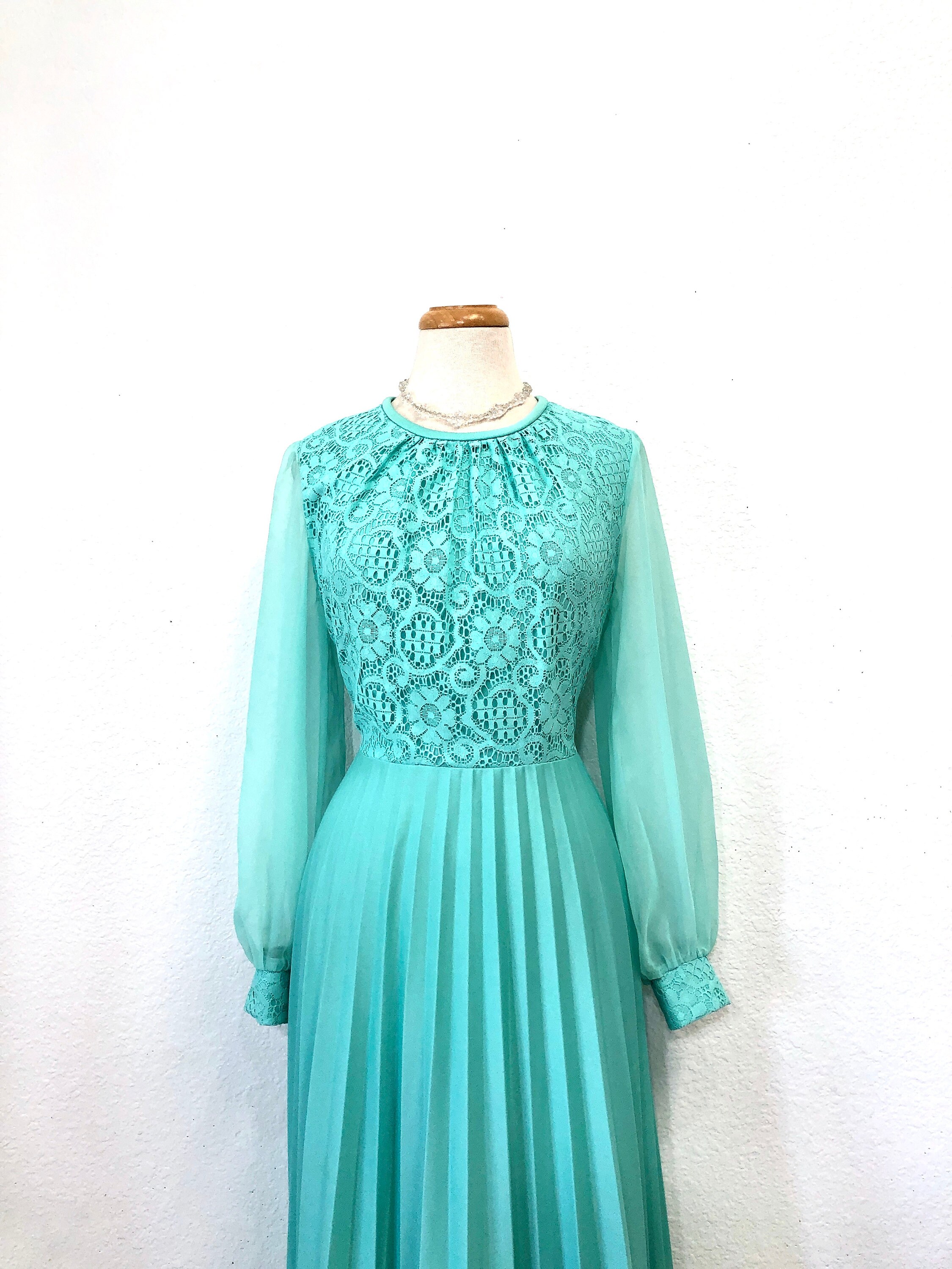 Dreamy 1970s Miss Elliette Dress Accordion Pleated Lace Sheer