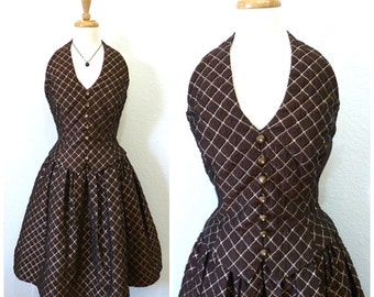 Oscar De La Renta Dress Halter Brown Gold Metallic Quilt  Corset Full Skirt Marilyn Monroe, Cocktail Party dress Size M/L