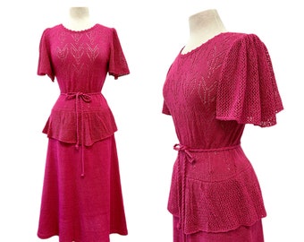 Vintage 1970s Knit Sweater Dress, Ruby Red Peplum by Just Mort Medium