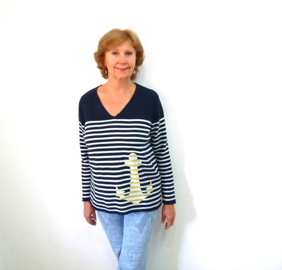 Suéter de punto vintage, suéter de rayas azul marino, jersey de algodón con  ancla náutica, talla M/L para mujer