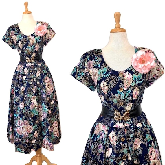 1980s Dress Cotton Floral Print cotton Full skirt… - image 2