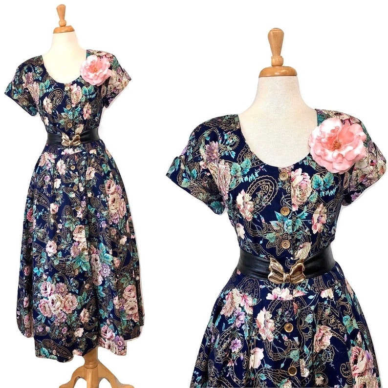 Vintage 1980s dress Floral print Lanz design Roses Garden Summer Dress Size Large