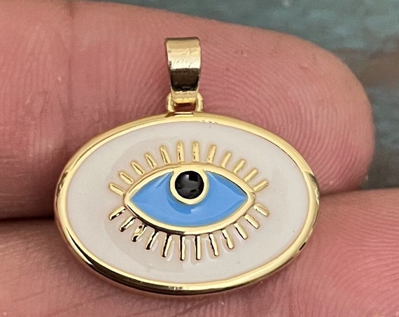 Gold Plated Brass Pendant, with Enamel, Evil Eye Pendant, White. 1 pieces. 8082