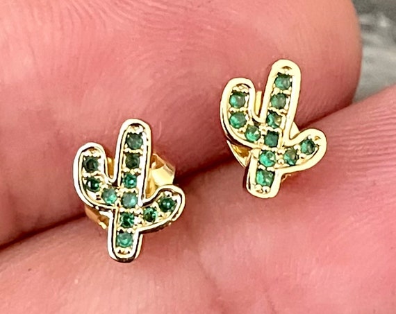 Petite Cactus earrings with zircon .Brass Earrings with surgical steel pins. Gold Plated Cactus with green zircon .  5448