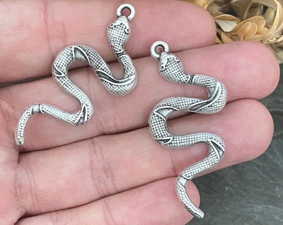 Silver Plated Snake Brass Earring Charms - Antique Silver Coated Brass Snake Pendant - Brass Snake Charm - 7037