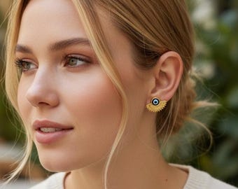 Mini Bohemian Stud Gold Earrings - Gold Evil Eye Boho Jewelry - 5654