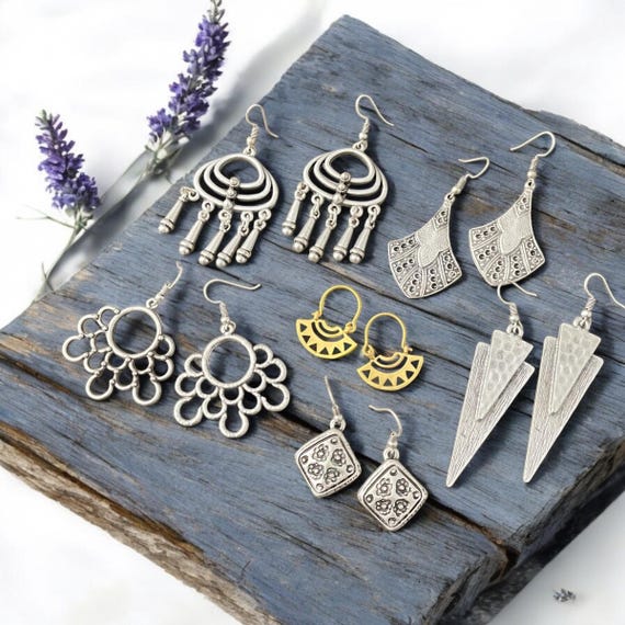 6 Pieces Silver Boho Earrings - Bohemian Cowgirl Dangle Earrings for Unique Style- 5369