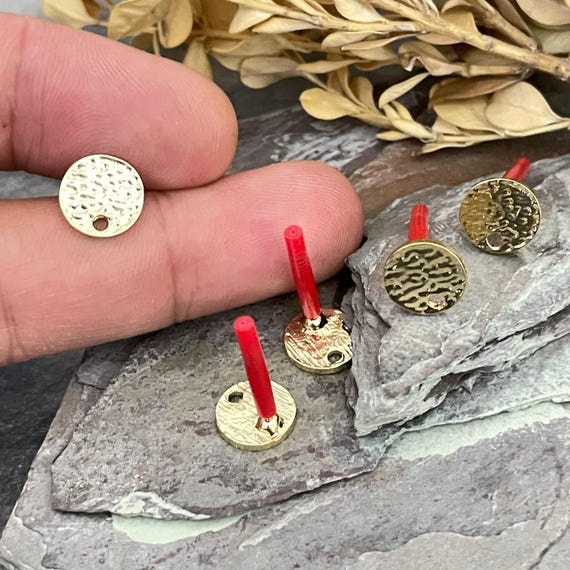 Hammered Circle Brass Earrings - Gold Plated Stud Charms