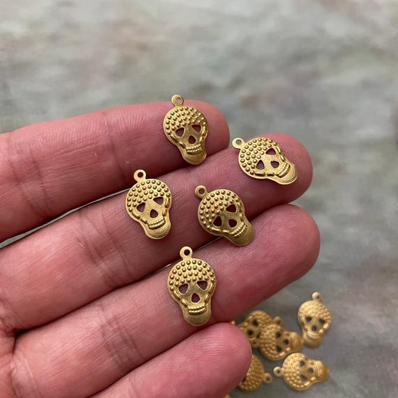 35 PCS Raw Brass Mini Skull Charms: DIY Earring Findings