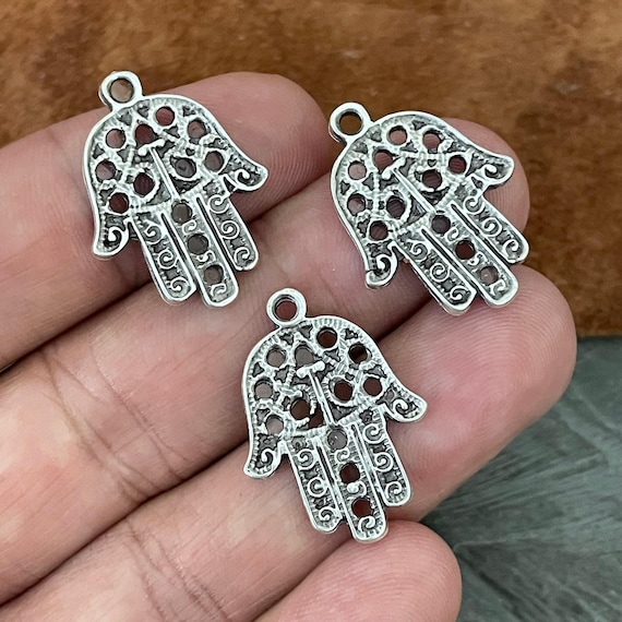 Antique Silver Hamsa Hand Charms: Ethnic Jewelry Making Supplies (3 Pieces)