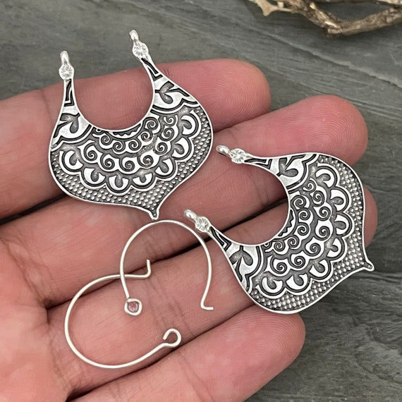 Antique Silver Ethnic Tribal Earring Findings with Earring Hooks. 2 Pieces  - 8133