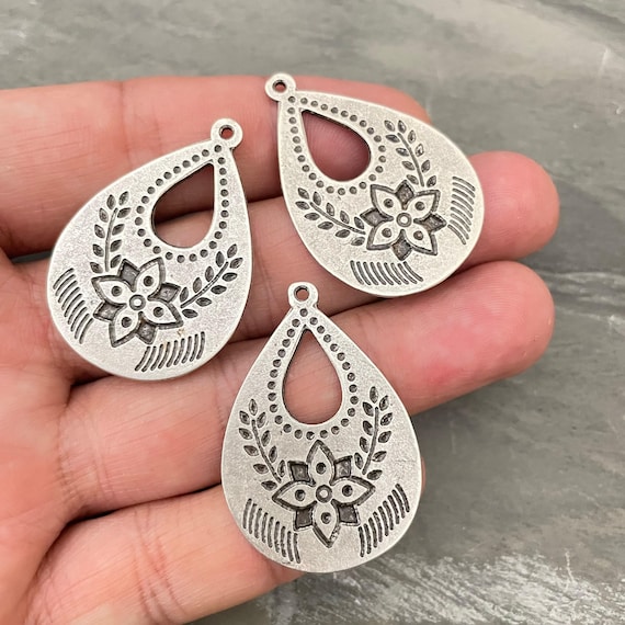Antique Silver Plated Earring Parts: Floral Teardrop Charms (2 Pieces)