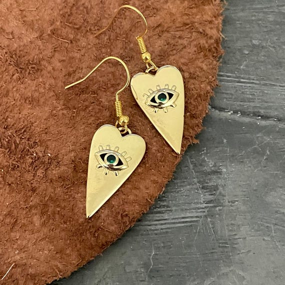 Handmade 18K Gold Plated Heart Evil Eye Dangle Earrings