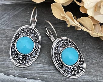 Bohemian Turquoise Earrings: Silver Plated Dangle Jewelry