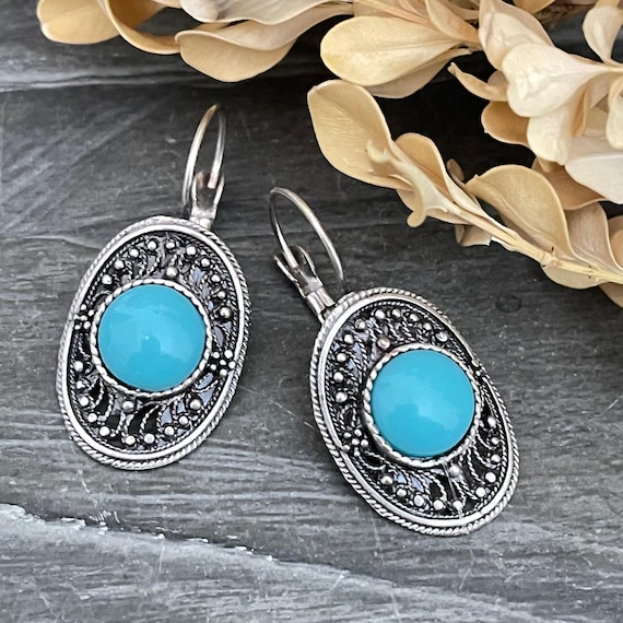 Bohemian Turquoise Earrings: Silver Plated Dangle Jewelry