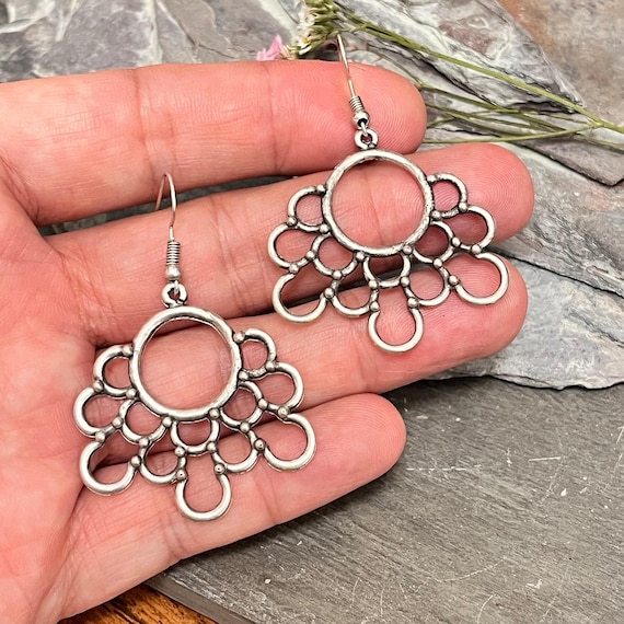 Bohemian Lotus Flower Dangle Earrings: Geometric Silver Jewelry