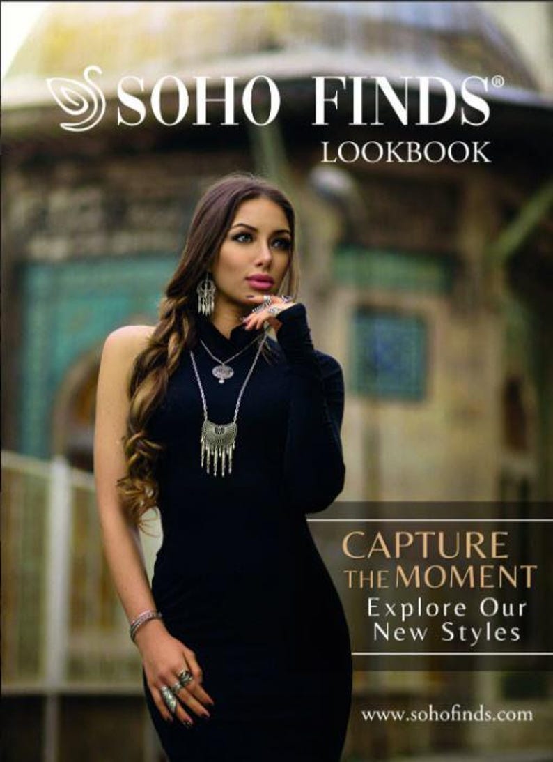 The image is a cover for a SOHO FINDS LOOKBOOK featuring a woman in a black dress posing in front of a building.