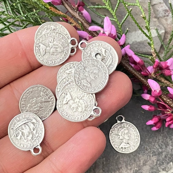Silver Plated Coin Earring Charms: Bohemian Jewelry Making Supply