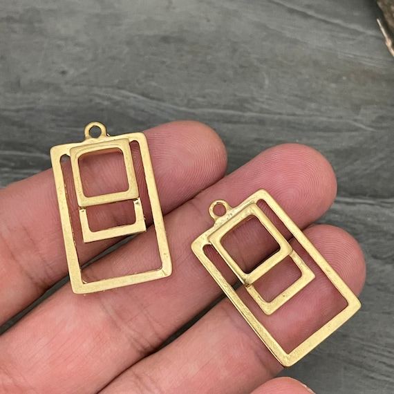 Gold Rectangle Charms. Matte Gold Plated Earring Parts.Bohemian Brass Earring Findings. (30 mm) - 1114
