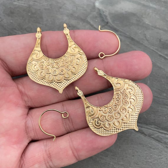 Matte Gold Plated Drop Charms with Hooks: Bohemian Earring Findings (46mm, 2pcs) - 1029