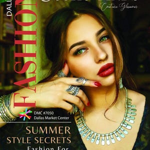 The image is a magazine cover featuring a woman with long dark hair and wearing a necklace. She is posing for a photograph and looking directly at the camera. The cover has a green and black color scheme with text and logos related to fashion and lifestyle.