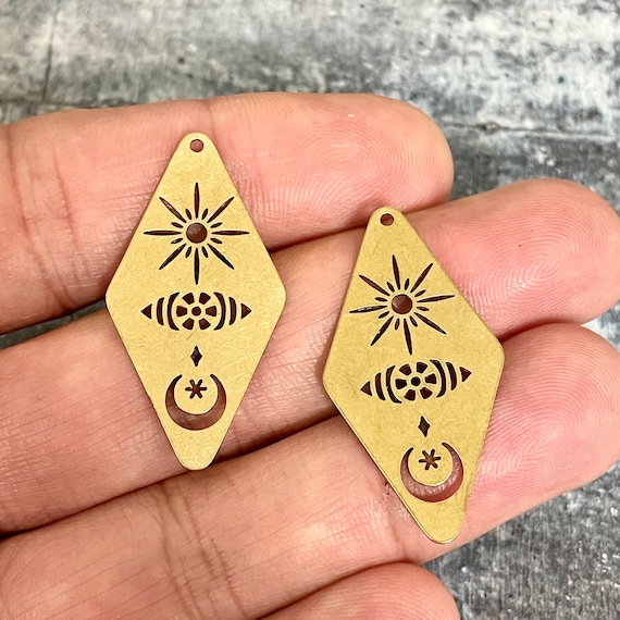 Rhombus Crescent Star Pendant - Raw Brass Rhombus Moon Earring Charms  - 3118