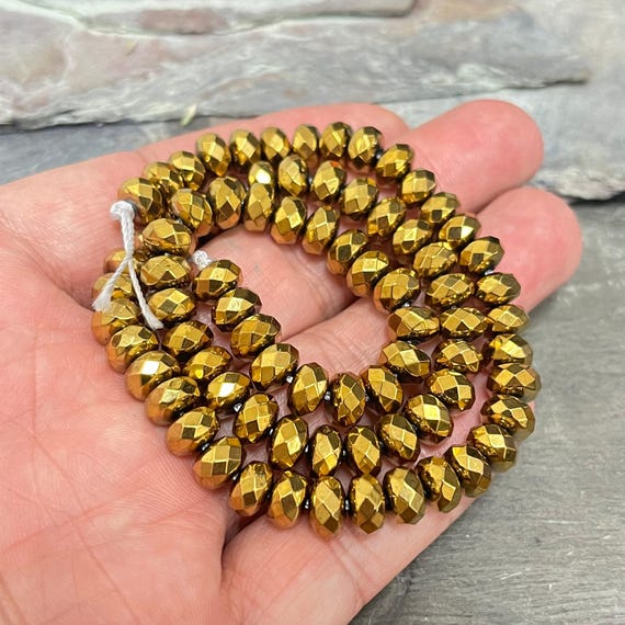 Golden Plated Hematite Beads: Faceted Rondelle Jewelry Making (8x4mm)