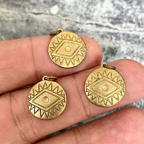 Earring Charms: Raw Brass Sun Eye Pendants - Boho Jewelry Supplies 3121