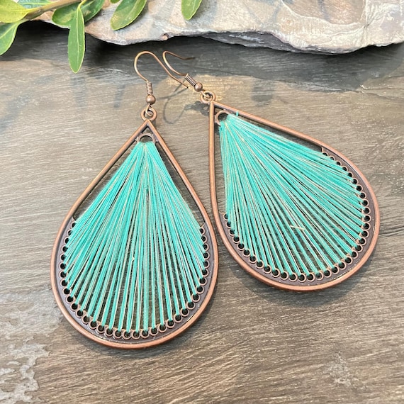 Bohemian Cotton Thread Dangle Earrings, Red Copper Teardrop Design, 93x45mm - 5609