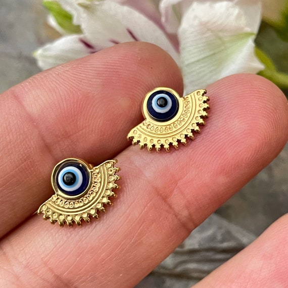 Mini Bohemian Stud Gold Earrings - Silver Evil Eye Boho Jewelry - 5654