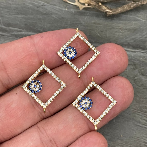 Gold Plated Brass , Evil Eye connector with zircon, 1 pieces. - 2019