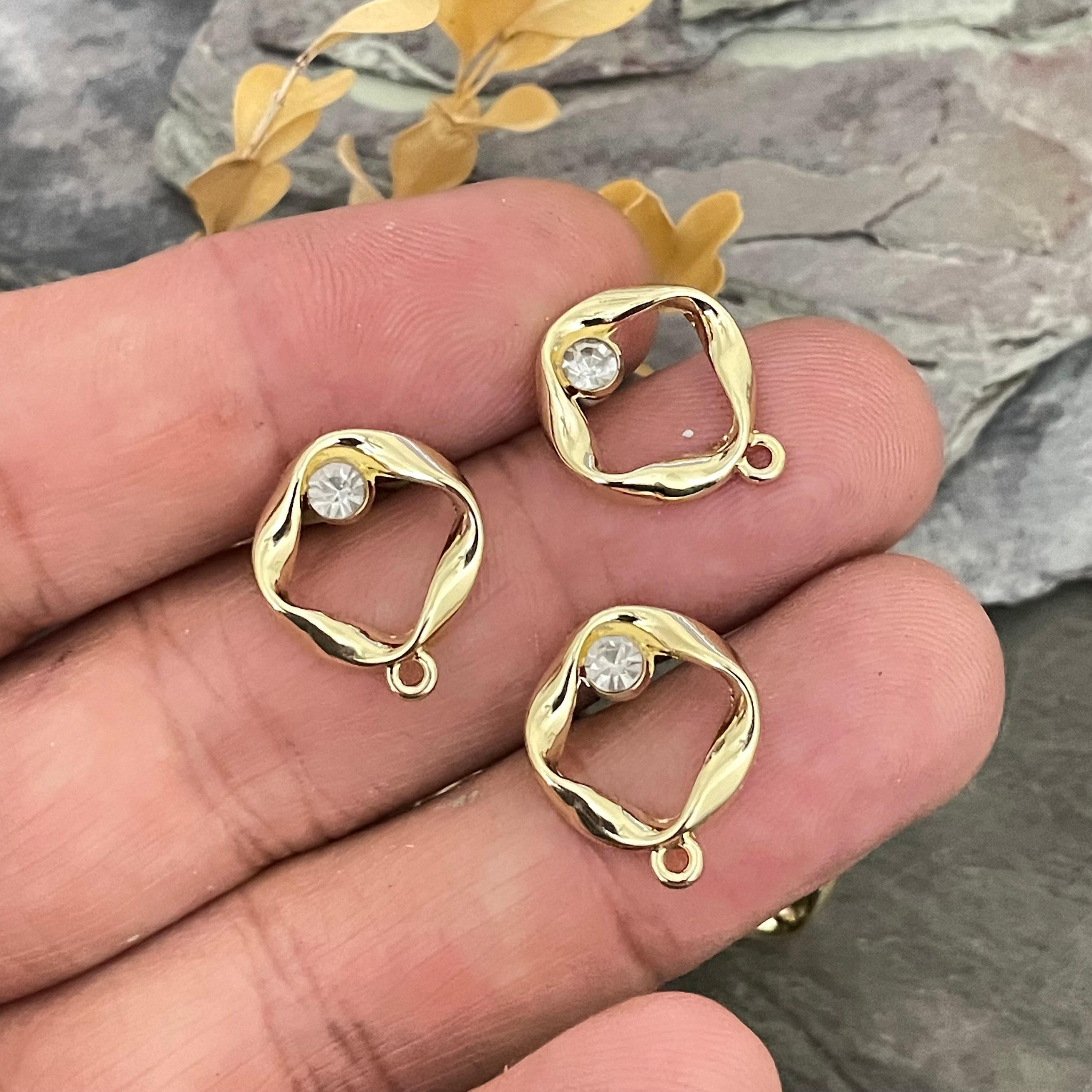 Brass Earring Stud with Zircon - Circle Earring Post - Brass Earring