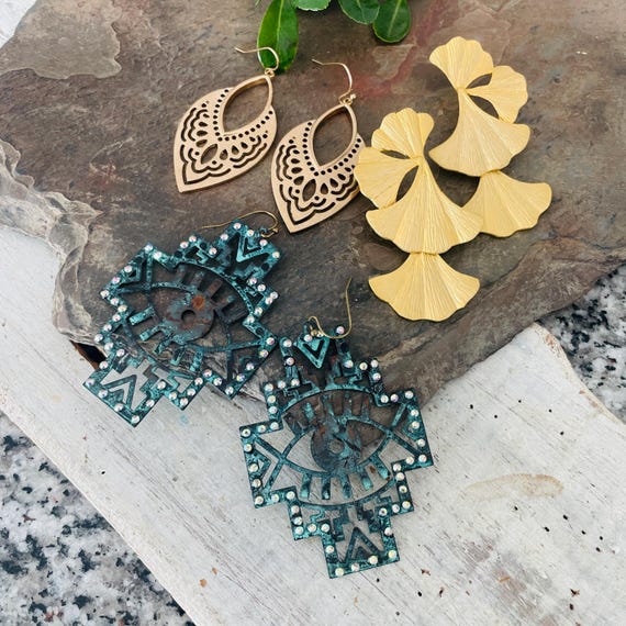 3 Pairs Bohemian Brass Dangle Earring Set – Ethnic Tribal Jewelry - 5560