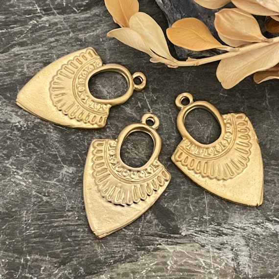 Gold Drop Charms. Matte Gold Plated Earring Parts.Bohemian Brass Earring Findings.3 Pieces - 1098