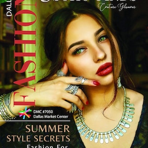 The image is a magazine cover featuring a woman with long dark hair and wearing a necklace. She is posing for a photograph and looking directly at the camera. The cover has a green and black color scheme with text and logos related to fashion and lifestyle.
