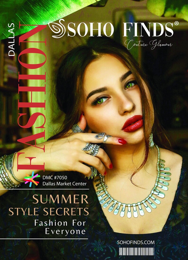 The image is a magazine cover featuring a woman with long dark hair and wearing a necklace. She is posing for a photograph and looking directly at the camera. The cover has a green and black color scheme with text and logos related to fashion and lifestyle.