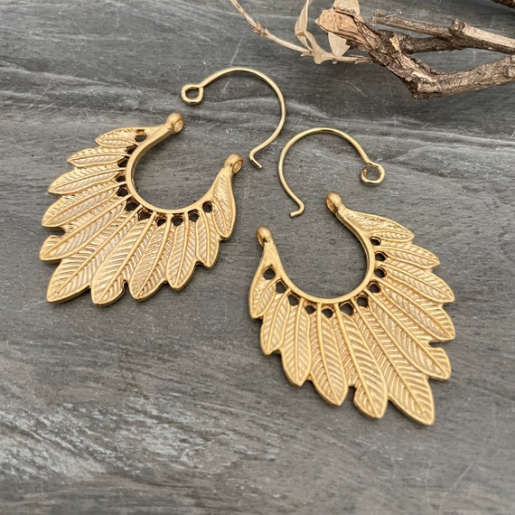 Gold Drop Charms with hooks. Matte Gold Plated Earring Parts.Bohemian Brass Earring Findings. (37 mm) - 1122