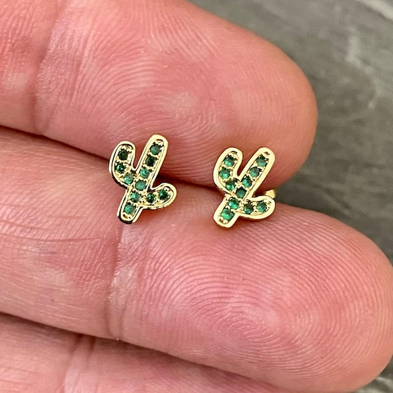 Cactus Earrings: Gold Plated Brass with Zircon - 5448