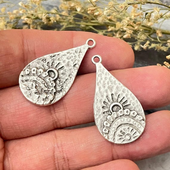 Silver Plated Teardrop Earring Charms: Bohemian Jewelry Making (2 Pieces)
