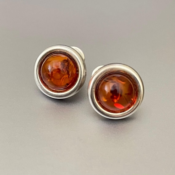 Vintage Handcrafted Sterling Silver Earrings: Retro Amber Style - 5544