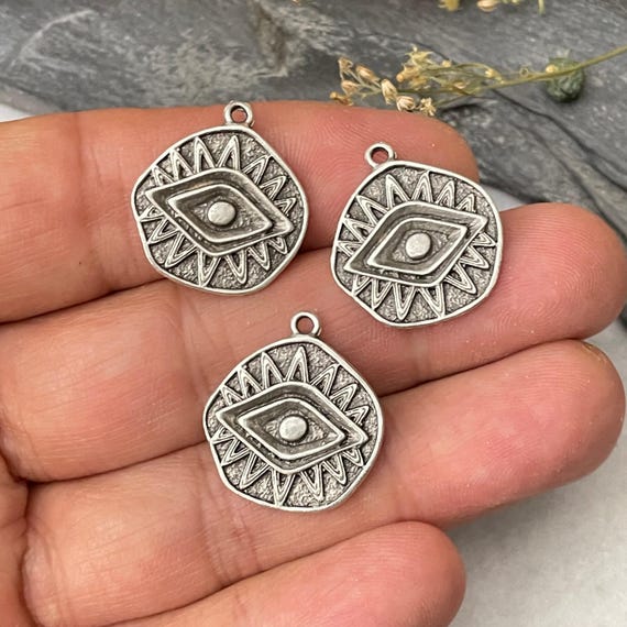 Silver Plated Eye Earring Charms: Bohemian Jewelry Findings (3 Pieces)