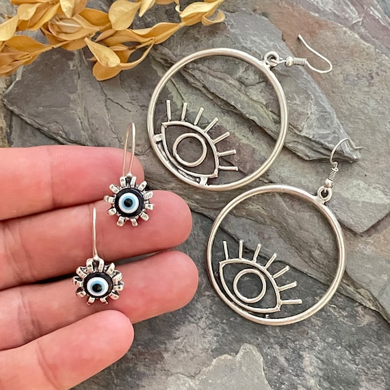 Handmade Bohemian Evil Eye Hoop Earrings - Mystic Protection Jewelry.Handcrafted Mystic Eye Protection Jewelry.5537
