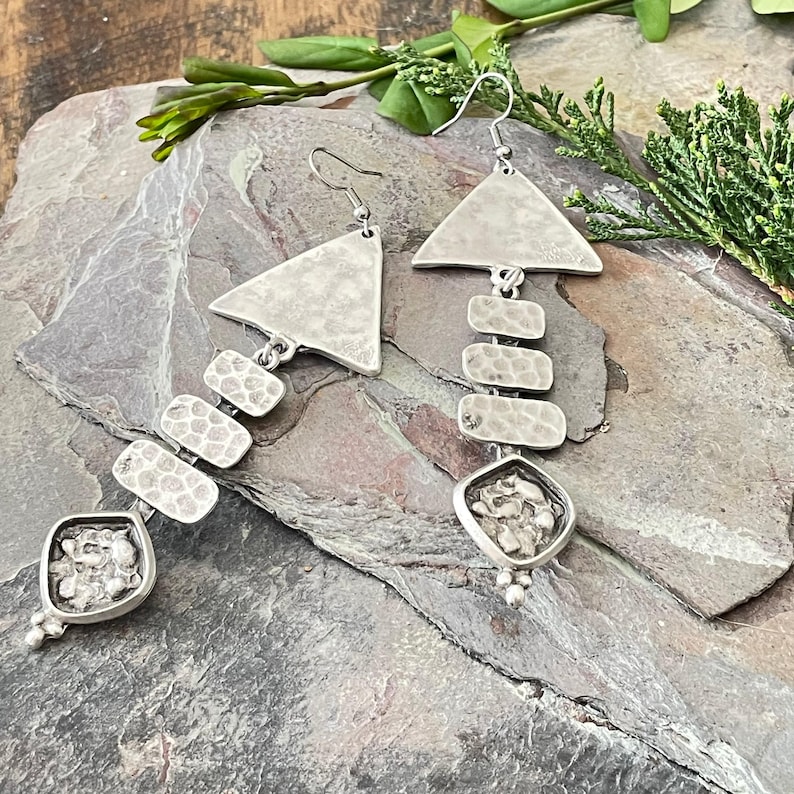 Hippie Boho Dangle Earrings - Big Silver Bohemian Statement Jewelry