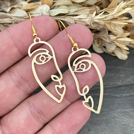 Bohemian Face Outline Dangle Earrings: Geometric Art Deco Jewelry