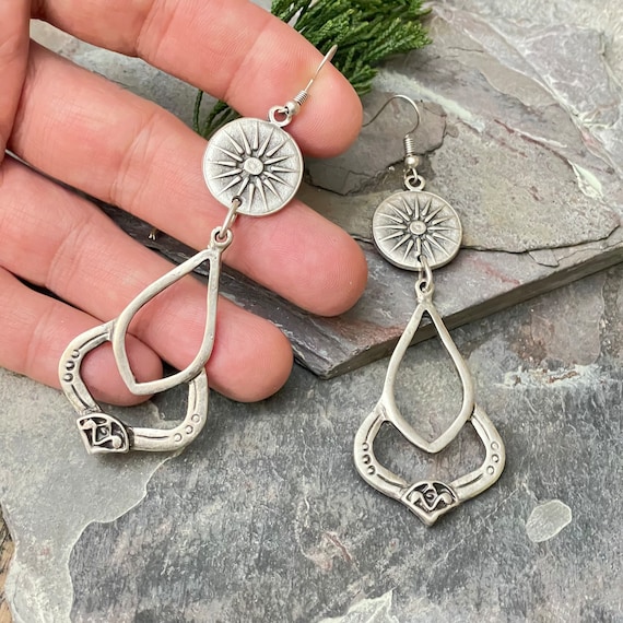 Ethnic Bohemian Earrings - Chunky Silver Tribal Jewelry - 5432