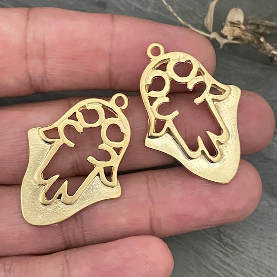 Matte Gold Hand of Fatima Earring Charms: Bohemian Brass Findings (40mm) - 1020
