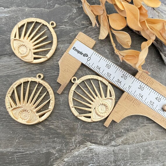 Matte Gold Plated Evil Eye Charms: Bohemian Brass Earring Findings - 1113